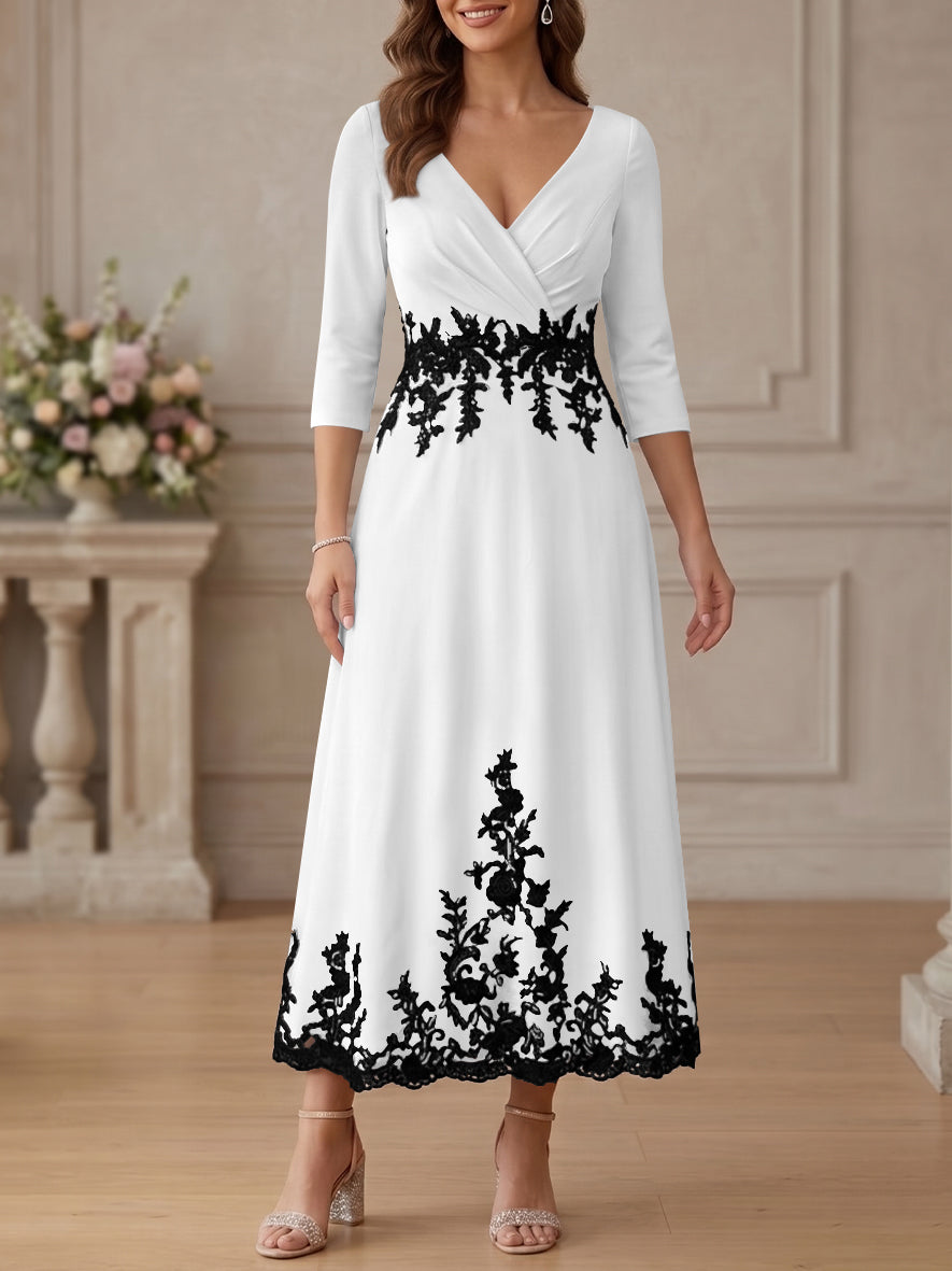A-Line/Princess V-Neck Stretch Satin Mother Of The Bride Dresses Lace Floral 3/4 Sleeves Tea-Length