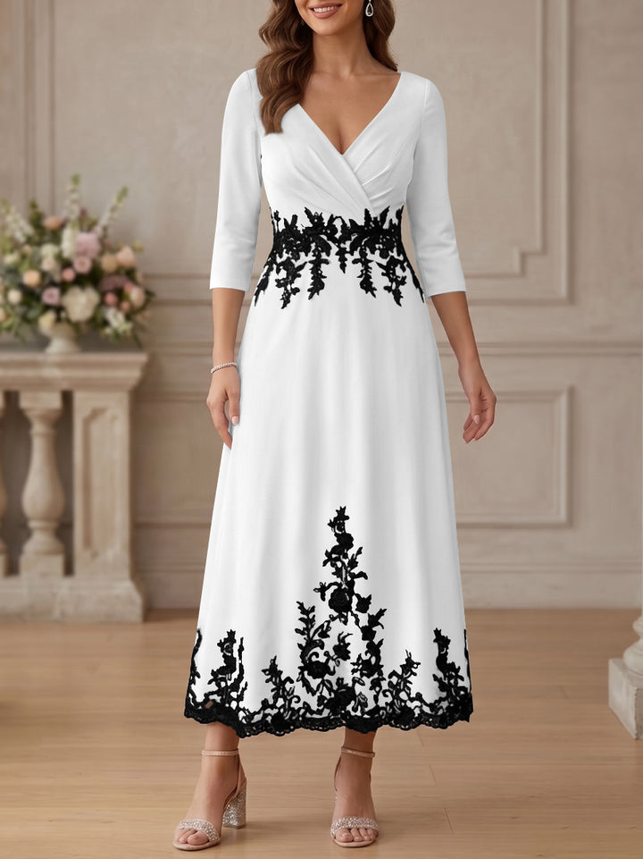A-Line/Princess V-Neck Stretch Satin Mother Of The Bride Dresses Lace Floral 3/4 Sleeves Tea-Length