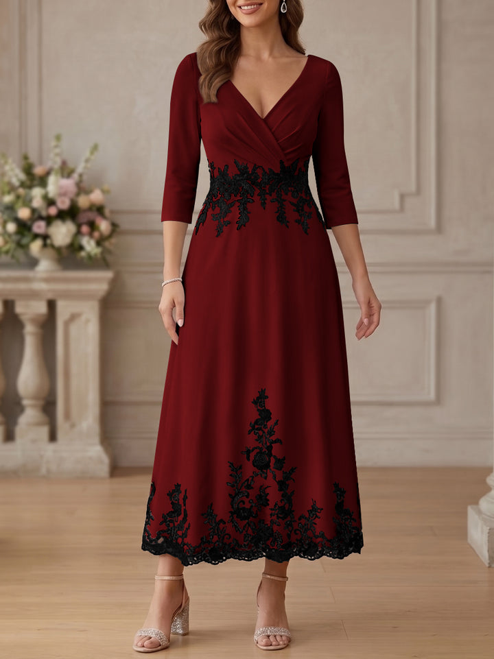 A-Line/Princess V-Neck Stretch Satin Mother Of The Bride Dresses Lace Floral 3/4 Sleeves Tea-Length