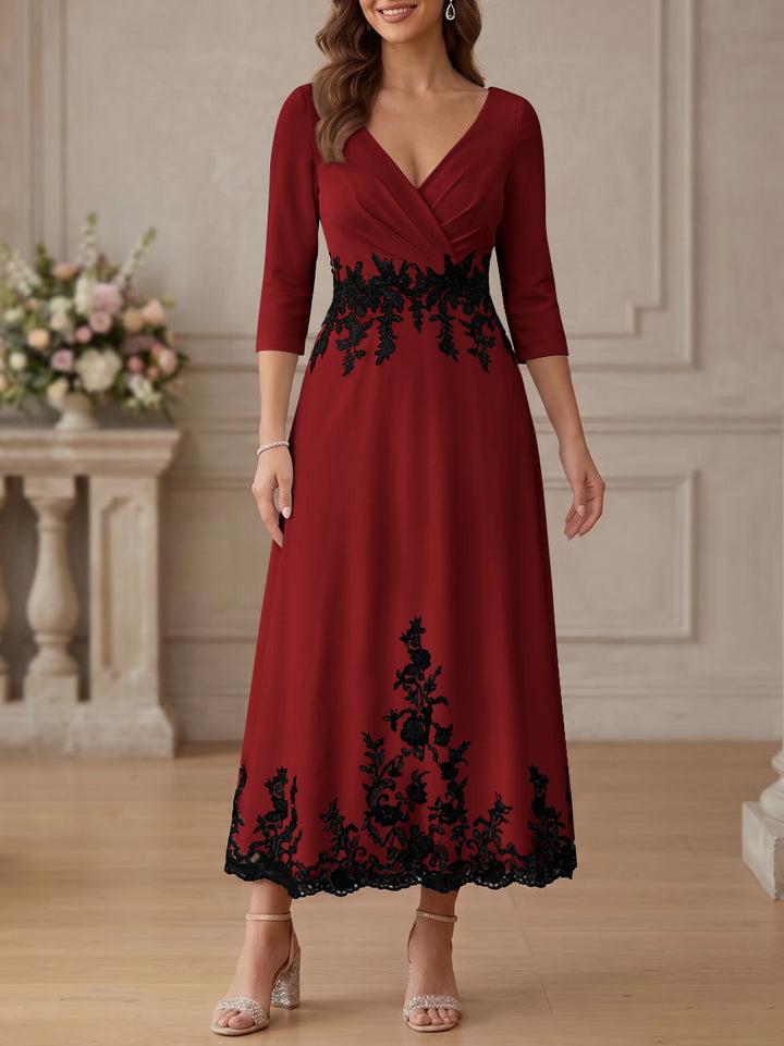 A-Line/Princess V-Neck Stretch Satin Mother Of The Bride Dresses Lace Floral 3/4 Sleeves Tea-Length