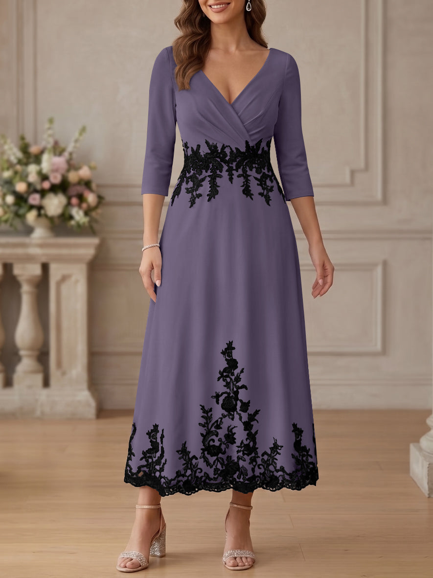 A-Line/Princess V-Neck Stretch Satin Mother Of The Bride Dresses Lace Floral 3/4 Sleeves Tea-Length