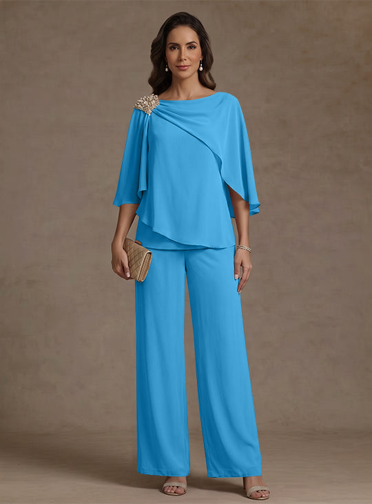 2 Piece Boat Neck Chiffon Mother of the Bride Pantsuits Cape Sleeves Ankle-Length Rhinestone
