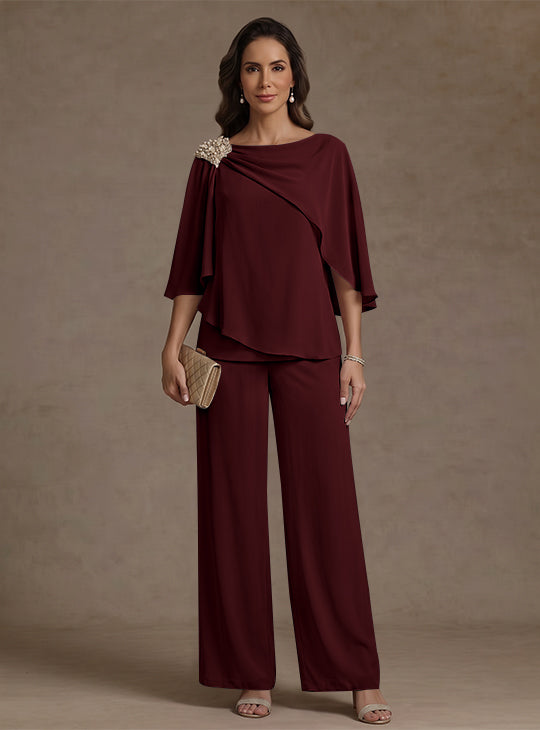 2 Piece Boat Neck Chiffon Mother of the Bride Pantsuits Cape Sleeves Ankle-Length Rhinestone