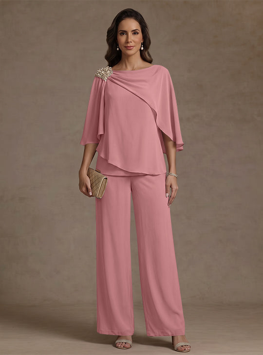 2 Piece Boat Neck Chiffon Mother of the Bride Pantsuits Cape Sleeves Ankle-Length Rhinestone