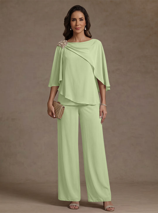 2 Piece Boat Neck Chiffon Mother of the Bride Pantsuits Cape Sleeves Ankle-Length Rhinestone