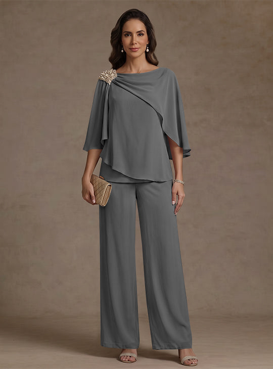 2 Piece Boat Neck Chiffon Mother of the Bride Pantsuits Cape Sleeves Ankle-Length Rhinestone