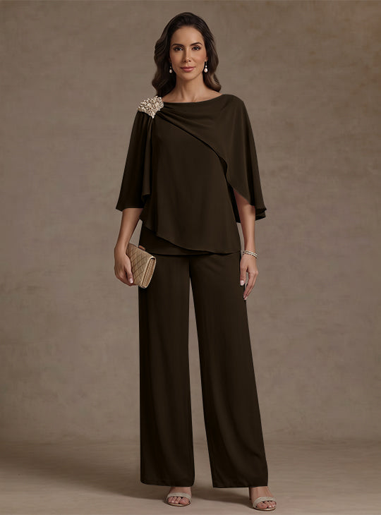 2 Piece Boat Neck Chiffon Mother of the Bride Pantsuits Cape Sleeves Ankle-Length Rhinestone