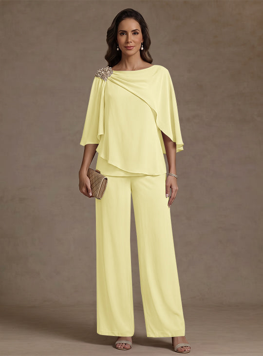 2 Piece Boat Neck Chiffon Mother of the Bride Pantsuits Cape Sleeves Ankle-Length Rhinestone