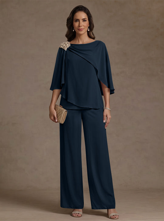 2 Piece Boat Neck Chiffon Mother of the Bride Pantsuits Cape Sleeves Ankle-Length Rhinestone