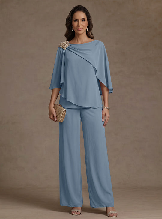2 Piece Boat Neck Chiffon Mother of the Bride Pantsuits Cape Sleeves Ankle-Length Rhinestone