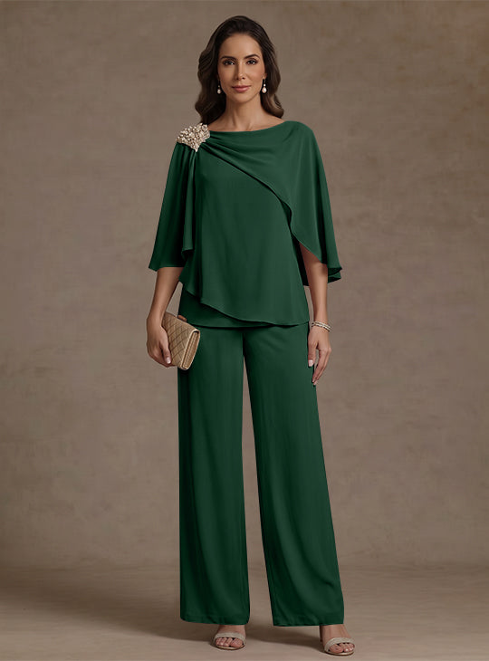 2 Piece Boat Neck Chiffon Mother of the Bride Pantsuits Cape Sleeves Ankle-Length Rhinestone