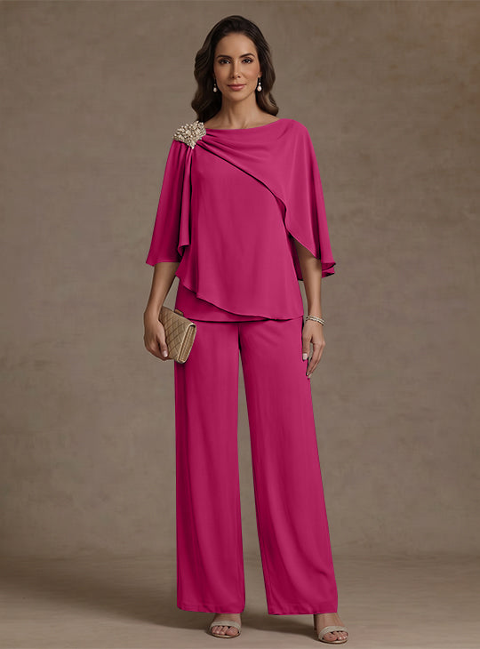 2 Piece Boat Neck Chiffon Mother of the Bride Pantsuits Cape Sleeves Ankle-Length Rhinestone