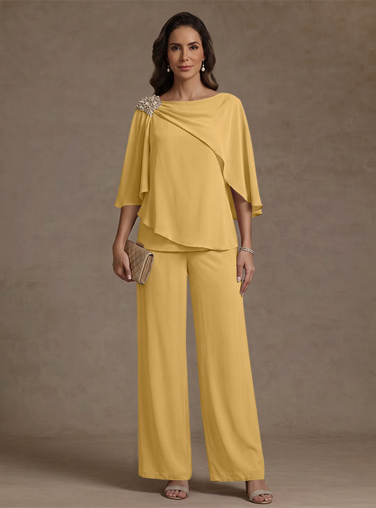 2 Piece Boat Neck Chiffon Mother of the Bride Pantsuits Cape Sleeves Ankle-Length Rhinestone