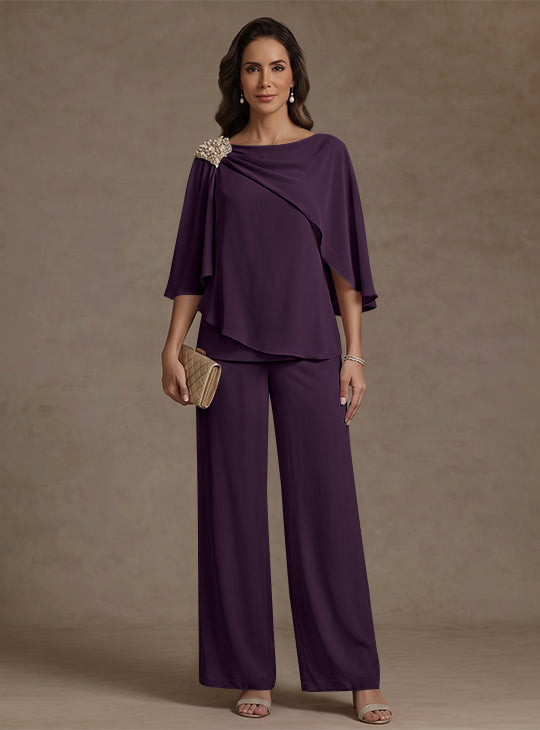 2 Piece Boat Neck Chiffon Mother of the Bride Pantsuits Cape Sleeves Ankle-Length Rhinestone
