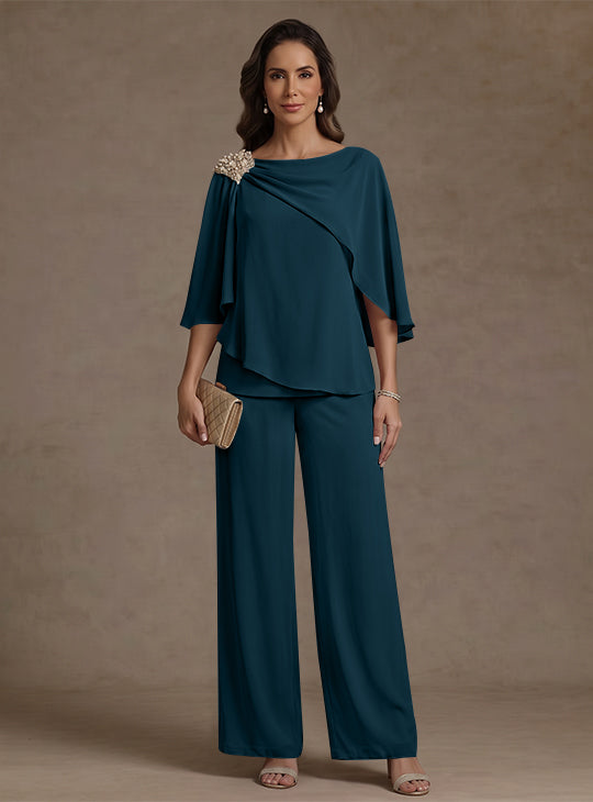 2 Piece Boat Neck Chiffon Mother of the Bride Pantsuits Cape Sleeves Ankle-Length Rhinestone