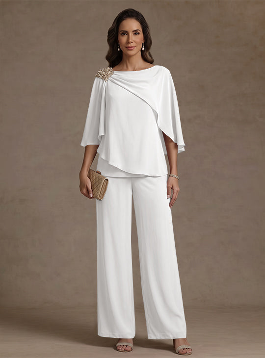 2 Piece Boat Neck Chiffon Mother of the Bride Pantsuits Cape Sleeves Ankle-Length Rhinestone