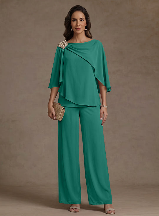 2 Piece Boat Neck Chiffon Mother of the Bride Pantsuits Cape Sleeves Ankle-Length Rhinestone