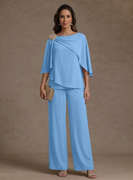 2 Piece Boat Neck Chiffon Mother of the Bride Pantsuits Cape Sleeves Ankle-Length Rhinestone