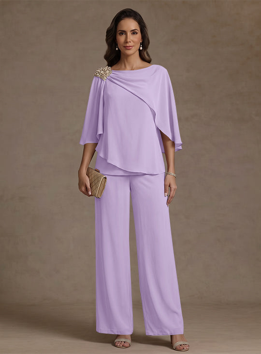 2 Piece Boat Neck Chiffon Mother of the Bride Pantsuits Cape Sleeves Ankle-Length Rhinestone