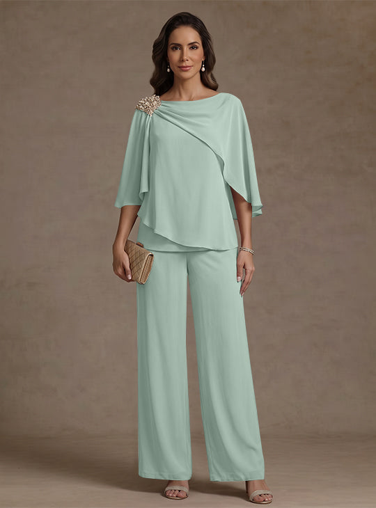 2 Piece Boat Neck Chiffon Mother of the Bride Pantsuits Cape Sleeves Ankle-Length Rhinestone
