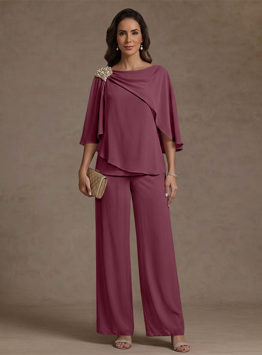 2 Piece Boat Neck Chiffon Mother of the Bride Pantsuits Cape Sleeves Ankle-Length Rhinestone