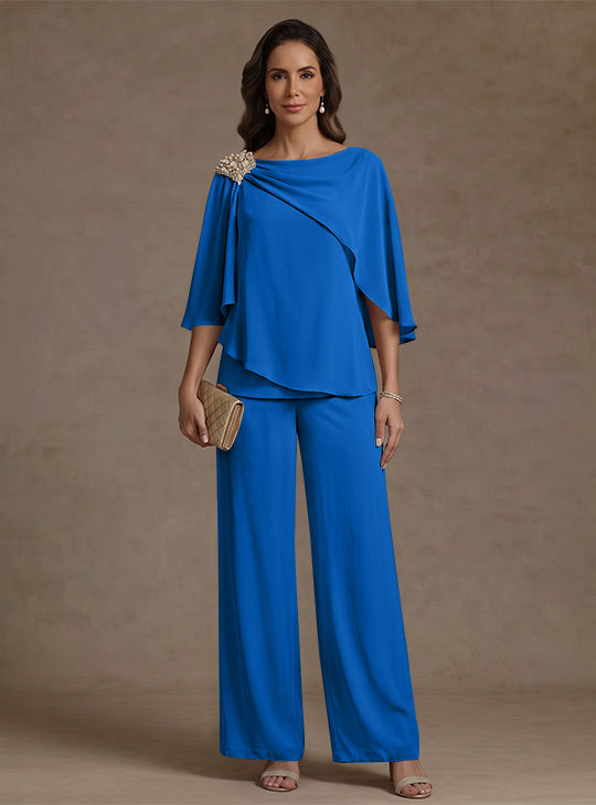 2 Piece Boat Neck Chiffon Mother of the Bride Pantsuits Cape Sleeves Ankle-Length Rhinestone