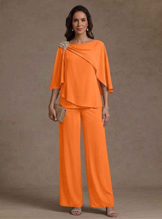 2 Piece Boat Neck Chiffon Mother of the Bride Pantsuits Cape Sleeves Ankle-Length Rhinestone