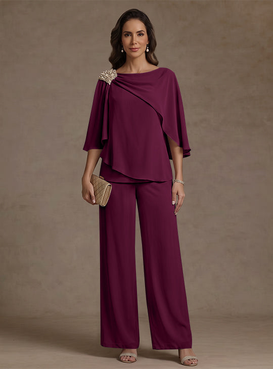 2 Piece Boat Neck Chiffon Mother of the Bride Pantsuits Cape Sleeves Ankle-Length Rhinestone