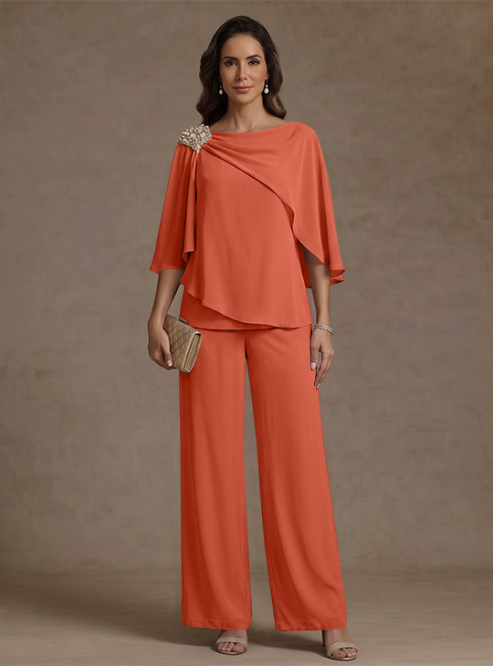 2 Piece Boat Neck Chiffon Mother of the Bride Pantsuits Cape Sleeves Ankle-Length Rhinestone