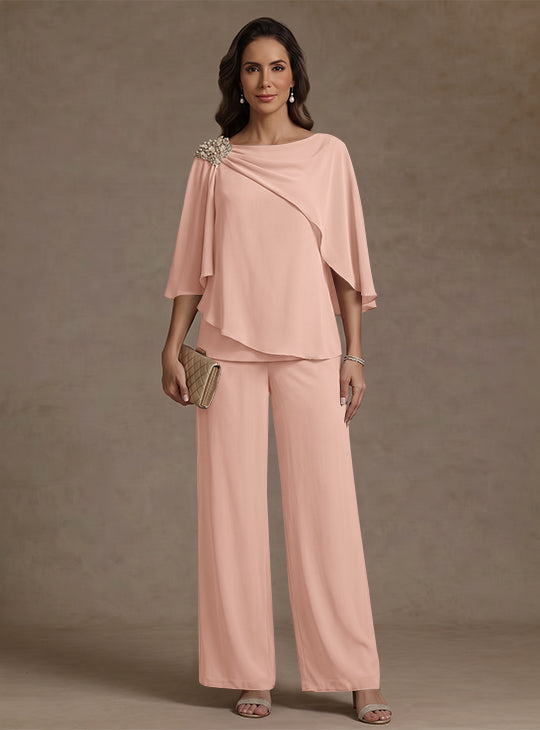 2 Piece Boat Neck Chiffon Mother of the Bride Pantsuits Cape Sleeves Ankle-Length Rhinestone