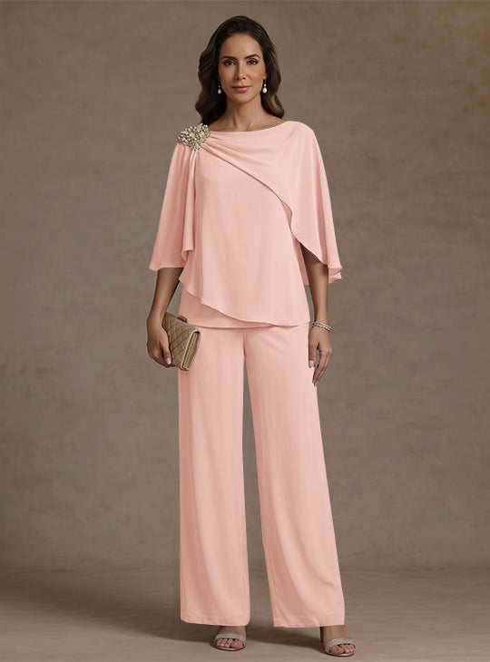 2 Piece Boat Neck Chiffon Mother of the Bride Pantsuits Cape Sleeves Ankle-Length Rhinestone