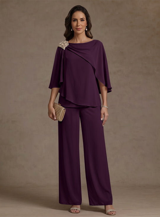 2 Piece Boat Neck Chiffon Mother of the Bride Pantsuits Cape Sleeves Ankle-Length Rhinestone