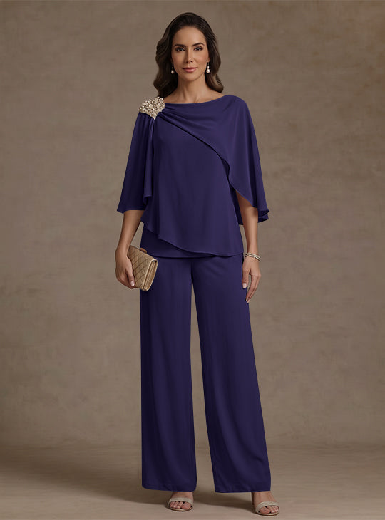 2 Piece Boat Neck Chiffon Mother of the Bride Pantsuits Cape Sleeves Ankle-Length Rhinestone