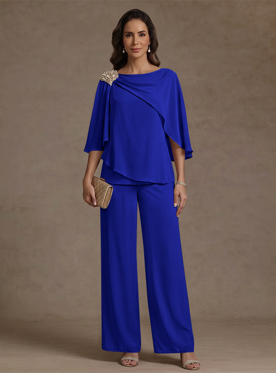 2 Piece Boat Neck Chiffon Mother of the Bride Pantsuits Cape Sleeves Ankle-Length Rhinestone