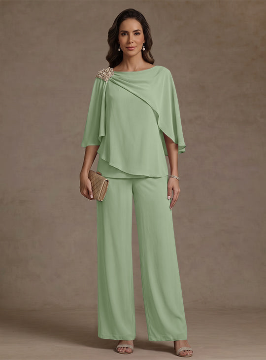 2 Piece Boat Neck Chiffon Mother of the Bride Pantsuits Cape Sleeves Ankle-Length Rhinestone
