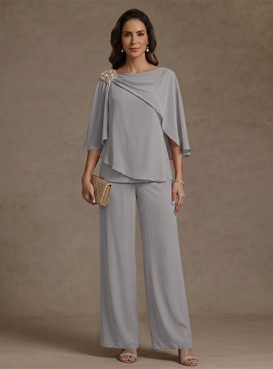 2 Piece Boat Neck Chiffon Mother of the Bride Pantsuits Cape Sleeves Ankle-Length Rhinestone