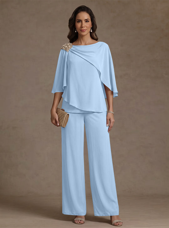 2 Piece Boat Neck Chiffon Mother of the Bride Pantsuits Cape Sleeves Ankle-Length Rhinestone