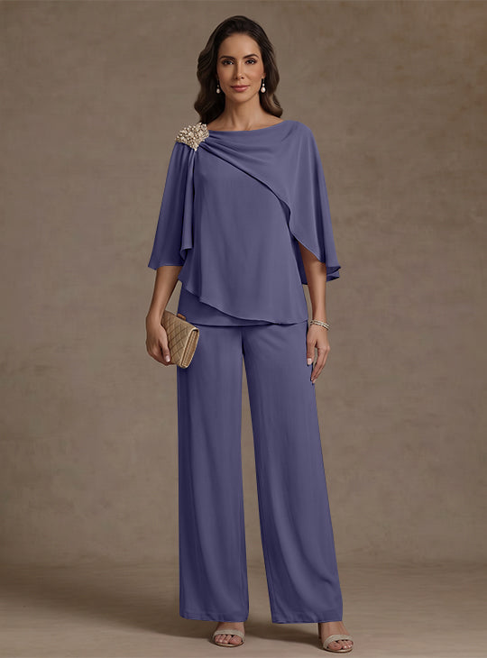 2 Piece Boat Neck Chiffon Mother of the Bride Pantsuits Cape Sleeves Ankle-Length Rhinestone