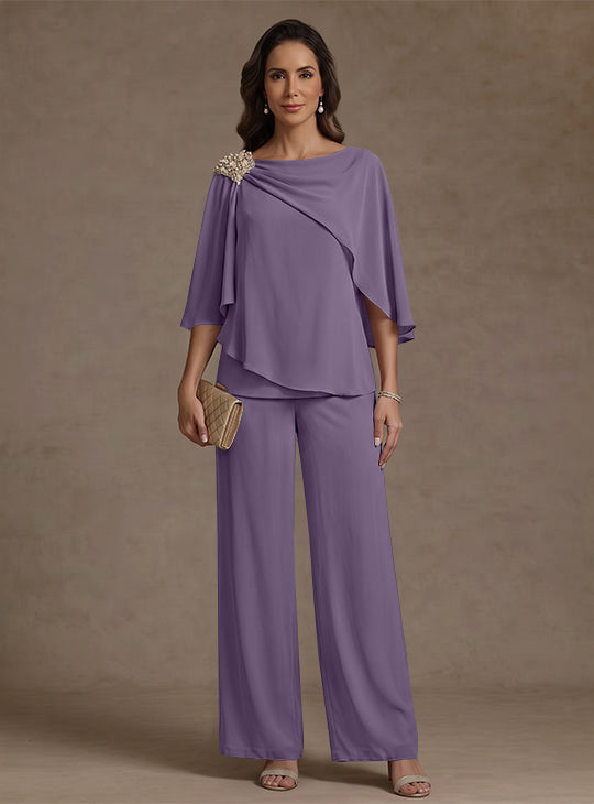 2 Piece Boat Neck Chiffon Mother of the Bride Pantsuits Cape Sleeves Ankle-Length Rhinestone