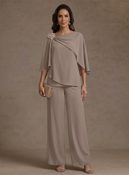 2 Piece Boat Neck Chiffon Mother of the Bride Pantsuits Cape Sleeves Ankle-Length Rhinestone