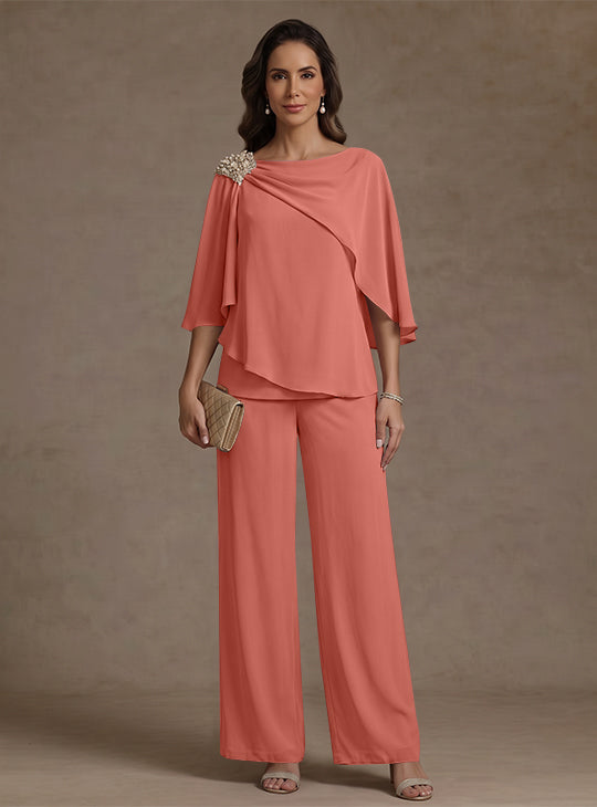 2 Piece Boat Neck Chiffon Mother of the Bride Pantsuits Cape Sleeves Ankle-Length Rhinestone