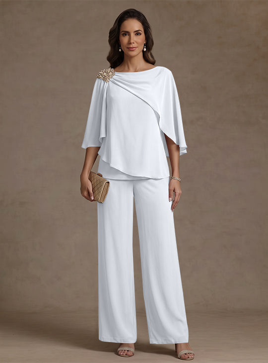 2 Piece Boat Neck Chiffon Mother of the Bride Pantsuits Cape Sleeves Ankle-Length Rhinestone