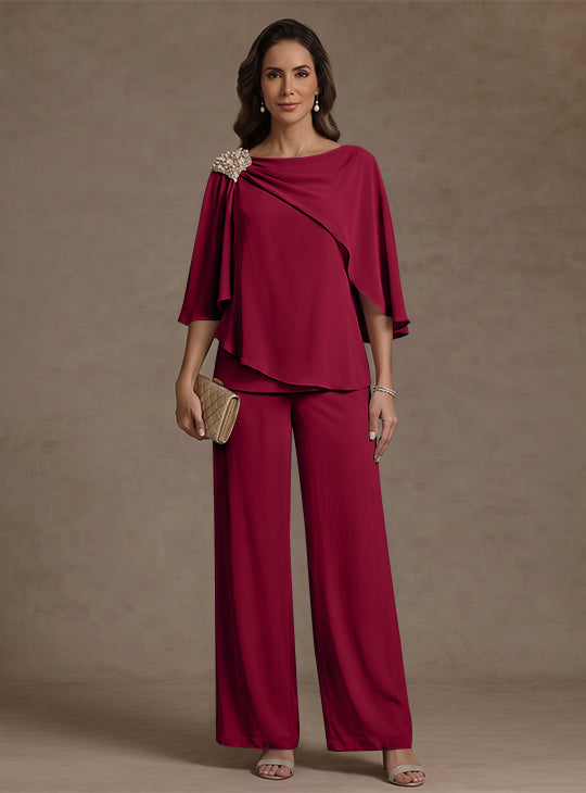 2 Piece Boat Neck Chiffon Mother of the Bride Pantsuits Cape Sleeves Ankle-Length Rhinestone