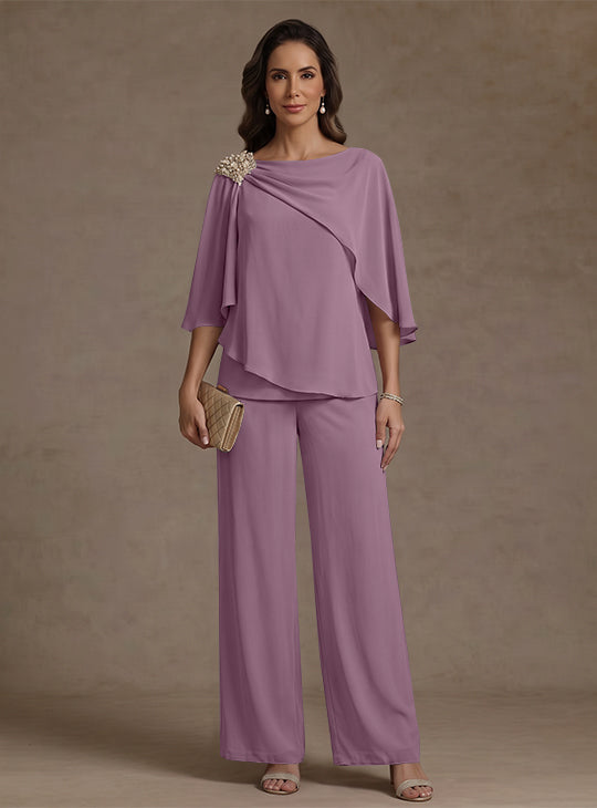 2 Piece Boat Neck Chiffon Mother of the Bride Pantsuits Cape Sleeves Ankle-Length Rhinestone
