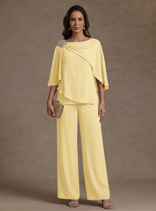 2 Piece Boat Neck Chiffon Mother of the Bride Pantsuits Cape Sleeves Ankle-Length Rhinestone