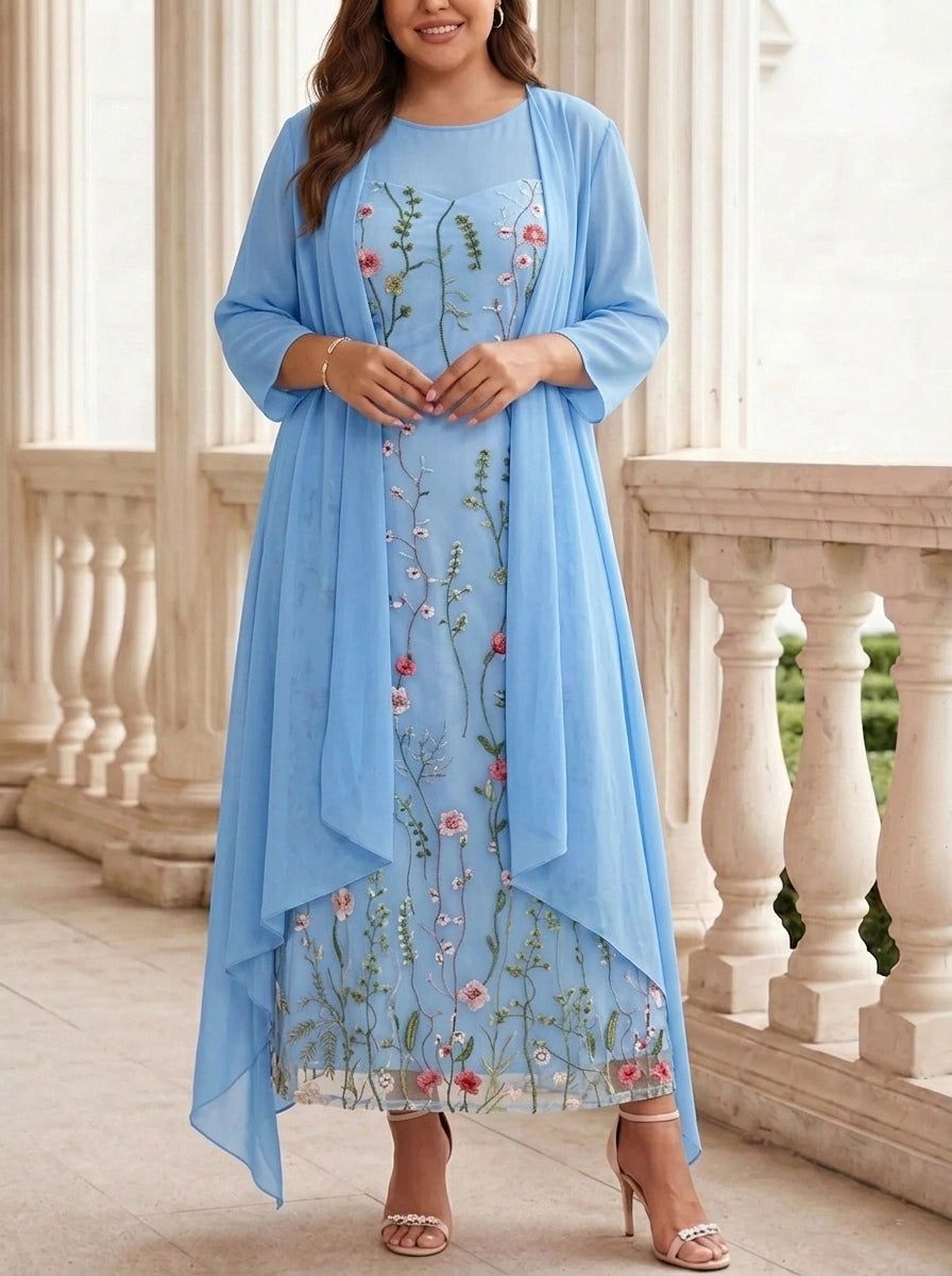 2 Pieces A-Line/Princess Scoop Chiffon Plus Size Mother of the Bride Dresses with Jacket Long Sleeves Ankle-Length Lace Floral