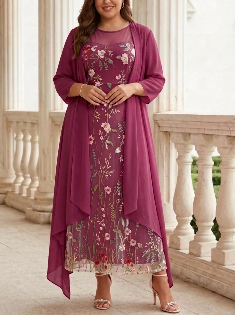 2 Pieces A-Line/Princess Scoop Chiffon Plus Size Mother of the Bride Dresses with Jacket Long Sleeves Ankle-Length Lace Floral