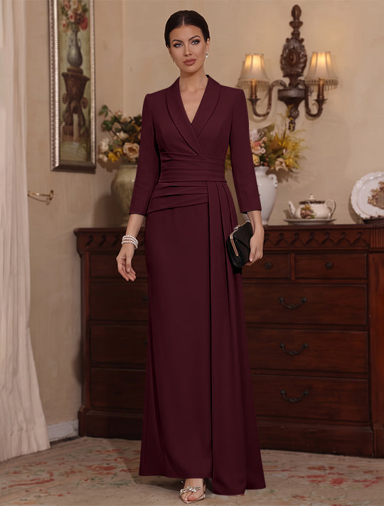 Sheath/Column V-Neck Stretch Satin Mother Of The Bride Dresses with Watteau Train 3/4 Sleeves Ankle-Length