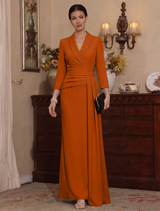 Sheath/Column V-Neck Stretch Satin Mother Of The Bride Dresses with Watteau Train 3/4 Sleeves Ankle-Length