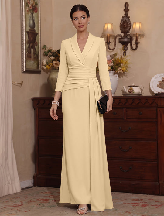 Sheath/Column V-Neck Stretch Satin Mother Of The Bride Dresses with Watteau Train 3/4 Sleeves Ankle-Length